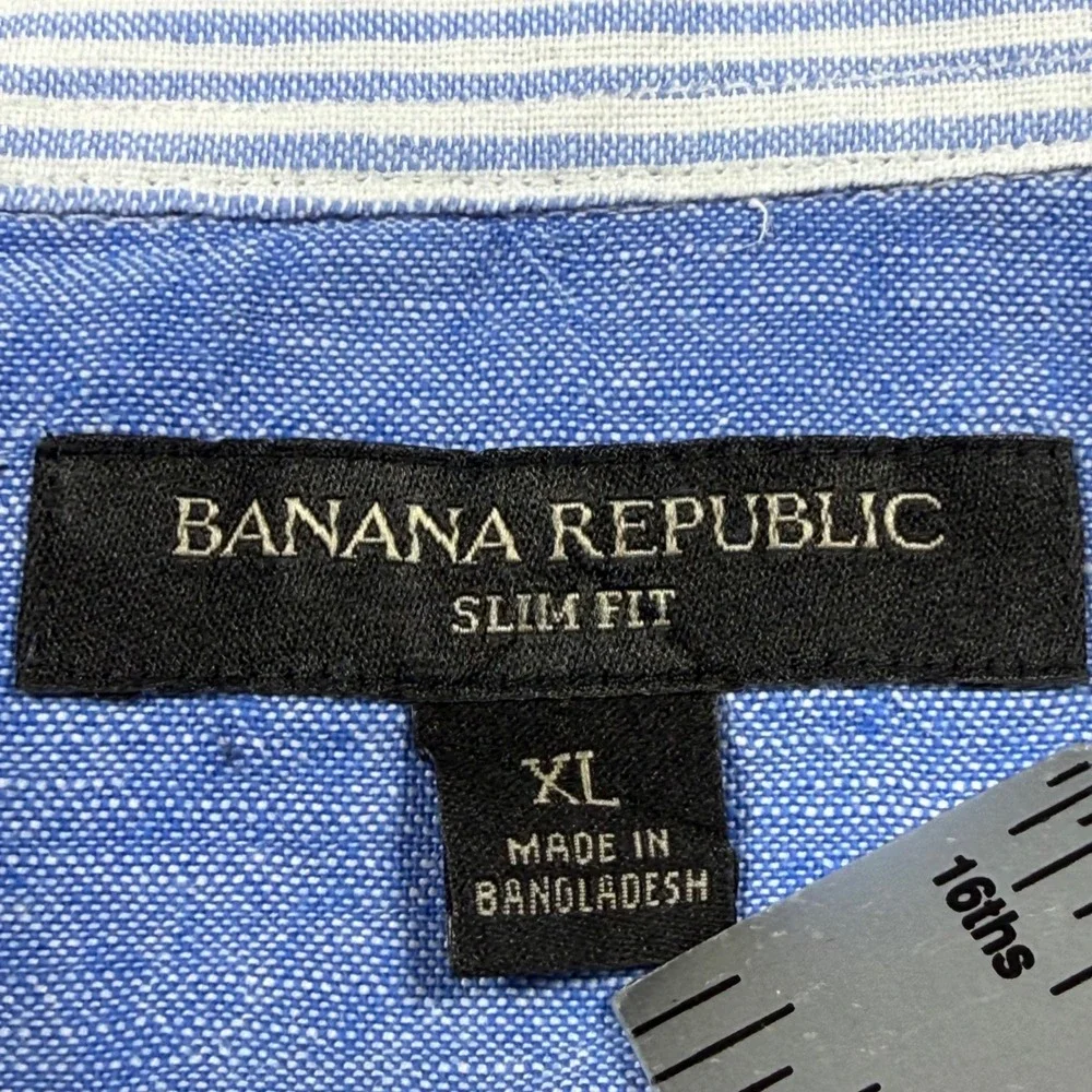 Banana Republic Slim Fit Linen Cotton Stripe Button Down Shirt Men XL Blue White